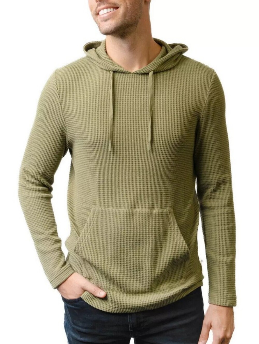 RAINFOREST Olive Waffle-Knit Hooded Pullover